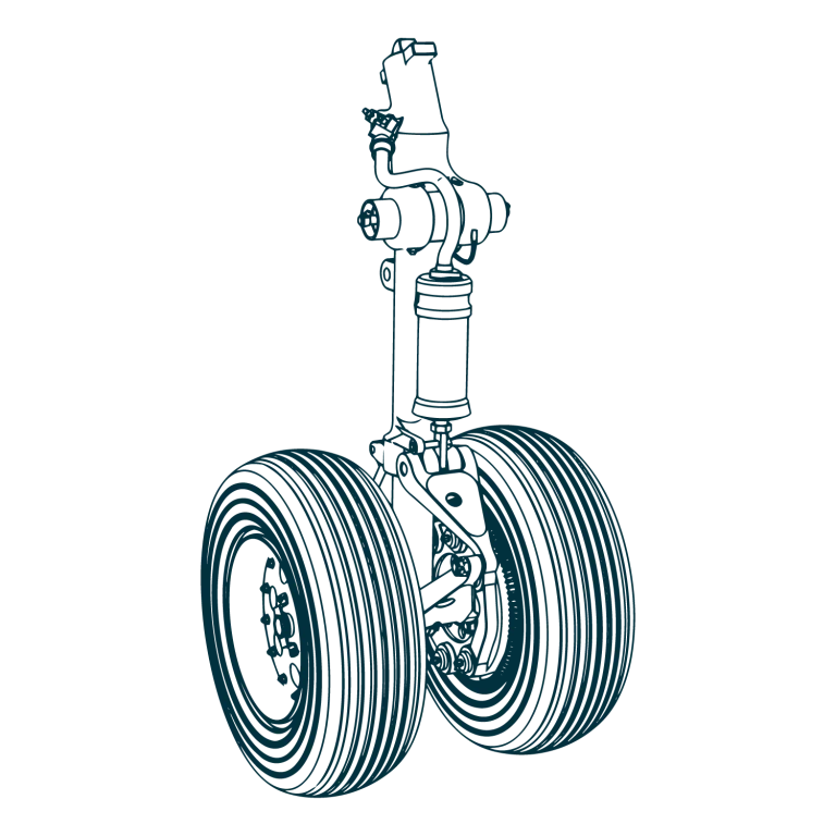 Technical blueprint-style drawing of an aircraft’s landing gear system, featuring mechanical details and structural outlines on a dark blue background.