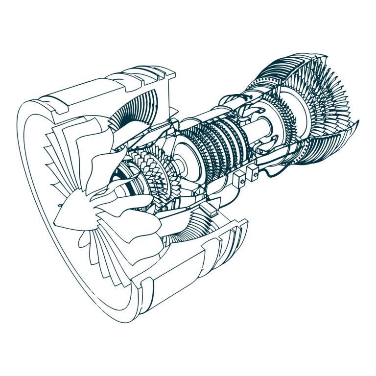 Blueprint-style illustration of a jet engine, showing detailed technical components and structural lines on a dark blue background.