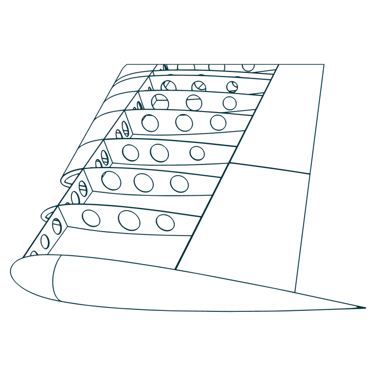 Technical blueprint-style illustration of an aircraft wing design, featuring labeled components and structural outlines on a dark blue background.