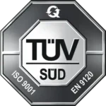 TÜV SÜD certification badge showing ISO 9001 and EN 9120 standards with a circular arrow symbol at the top.